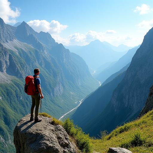 Wanderer auf einem Bergkamm mit Blick auf ein Alpental